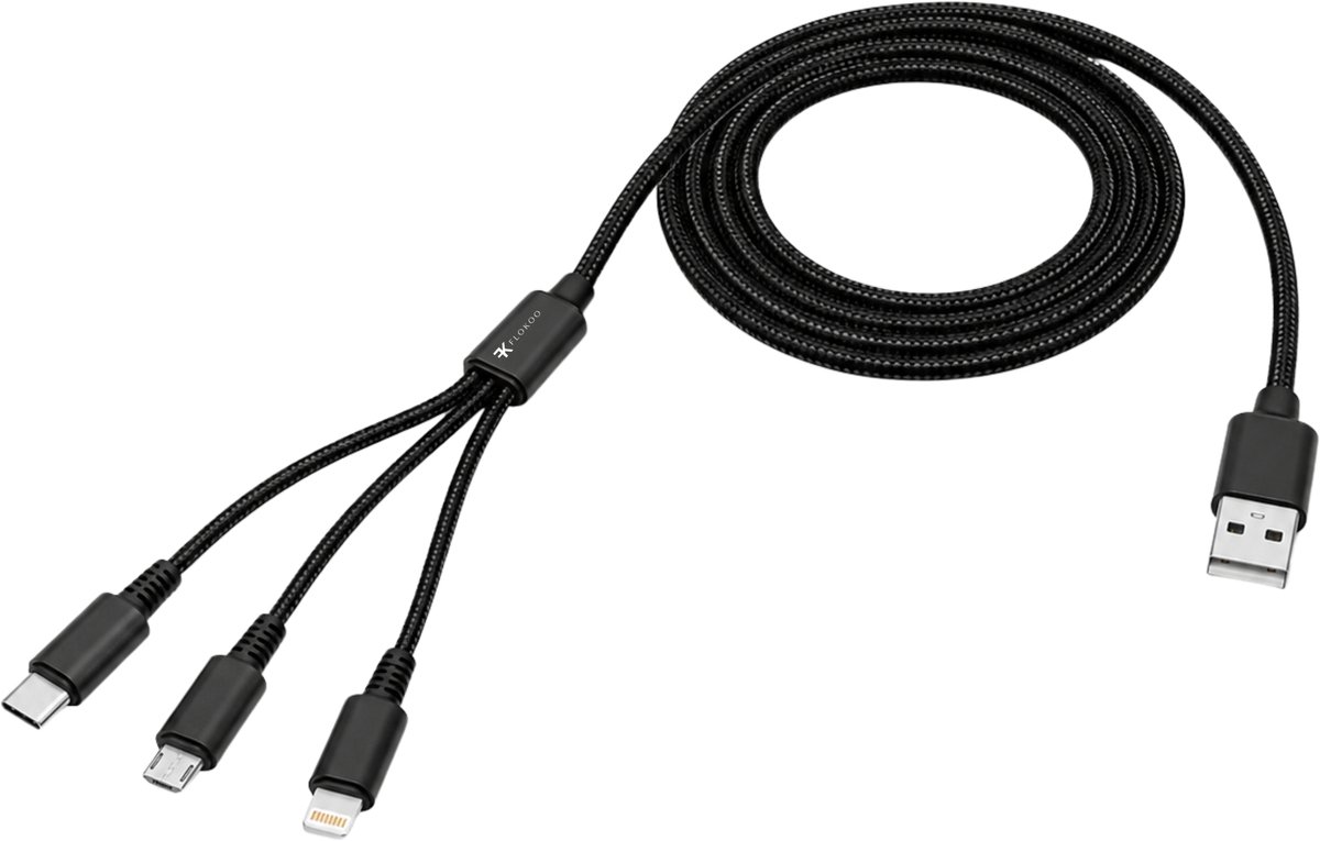 FLOKOO 3-in-1 USB Kabel – 1 meter – Snelladen & Dataoverdracht – USB naar USB-C / Micro-USB / Lightning – Nylon Gevlochten – Zwart - Oplaadkabel Telefoon