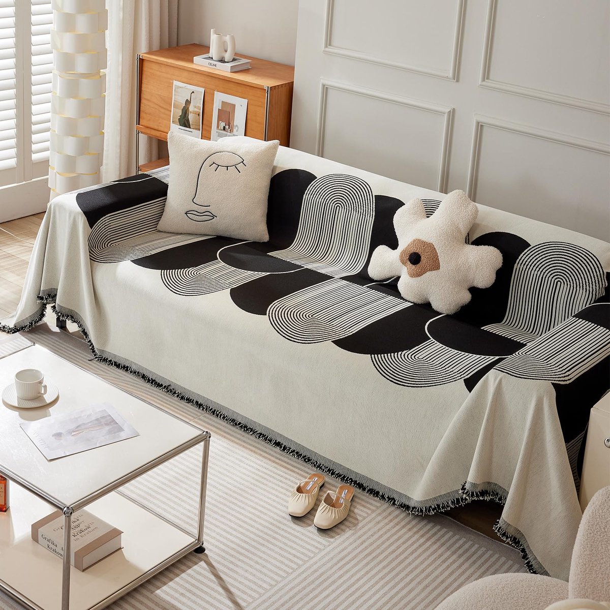 omkeerbare bankhoes, gestreepte bankovertrek met decoratieve franjes sprei, ideaal voor bank, bank en bed, 180 x 280 cm, zwart