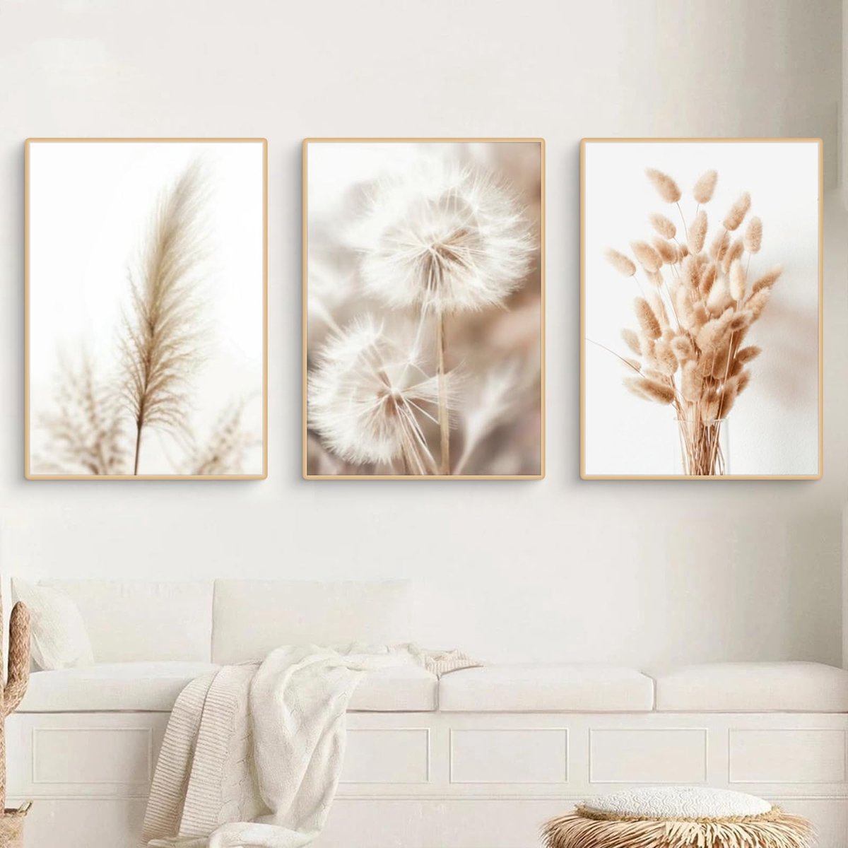 Posters wandafbeeldingen set boho, beige pampasgras foto's gedroogde grasplanten botanische canvasfoto's woonkamer slaapkamer decoratie - zonder lijst (13 x 18 cm)