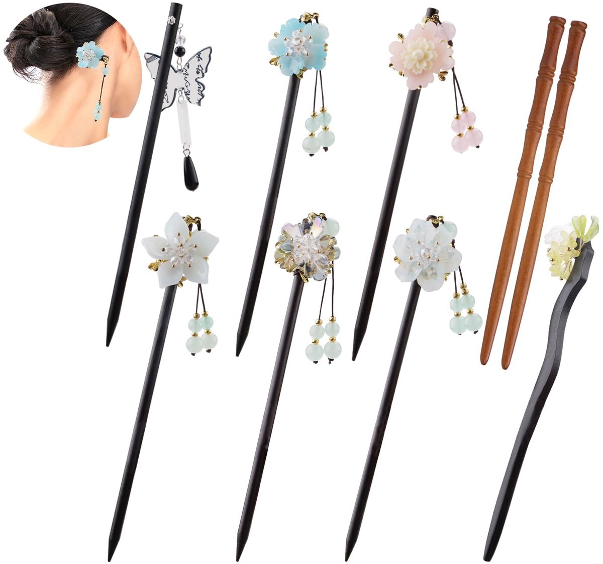 8 stuks retro traditionele houten haarsticks voor vrouwen, bloem vlinder haar chopsticks spelden met kraalhangers, vintage haarspelden bun vork decoratieve accessoires (8 stuks)