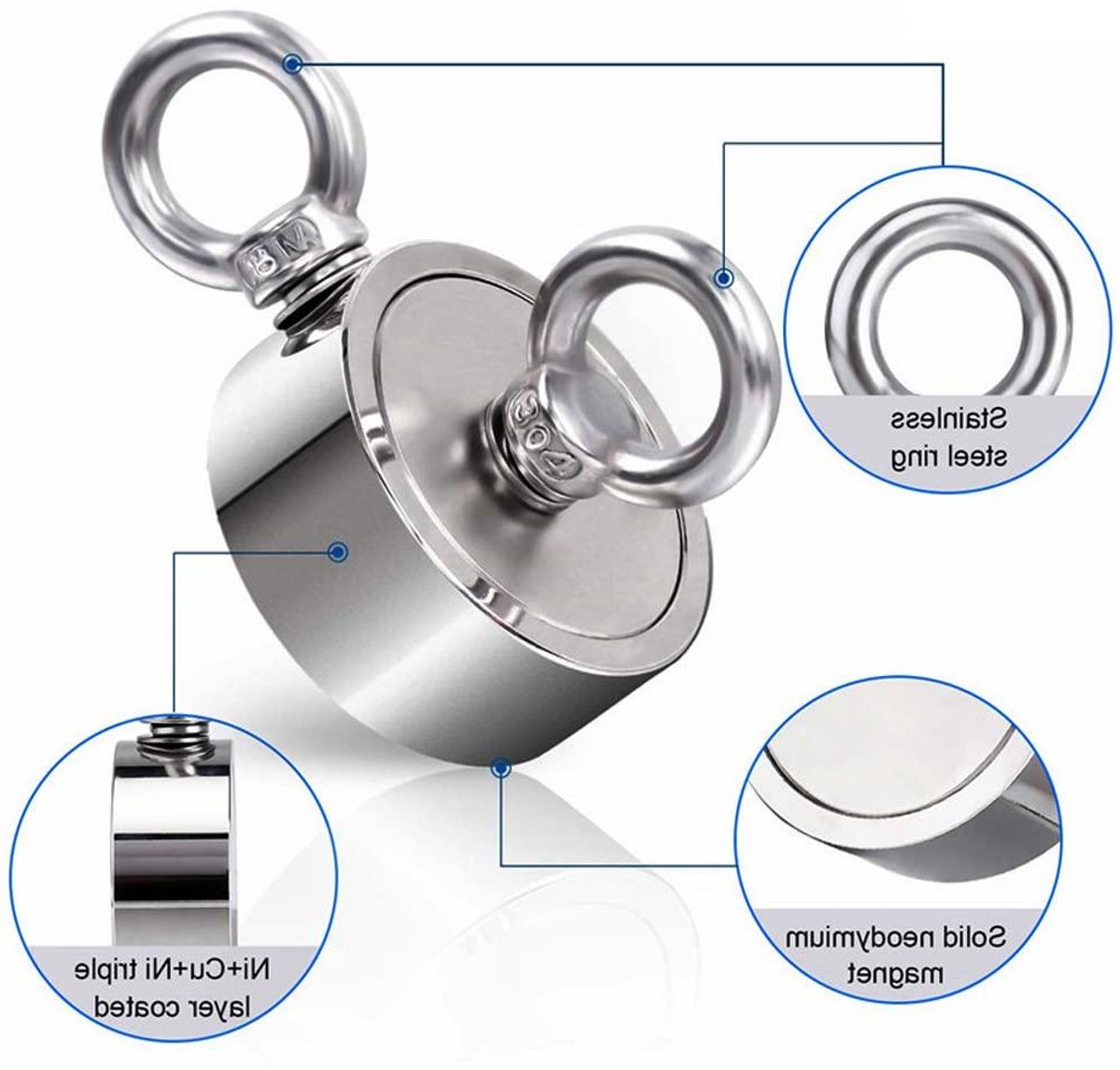 Bergmagneet Vis - Neodymium Magneet - Schatten Vinden - Dubbelzijdig Krachtig - 200kg Trekkracht - Zilverkleurig