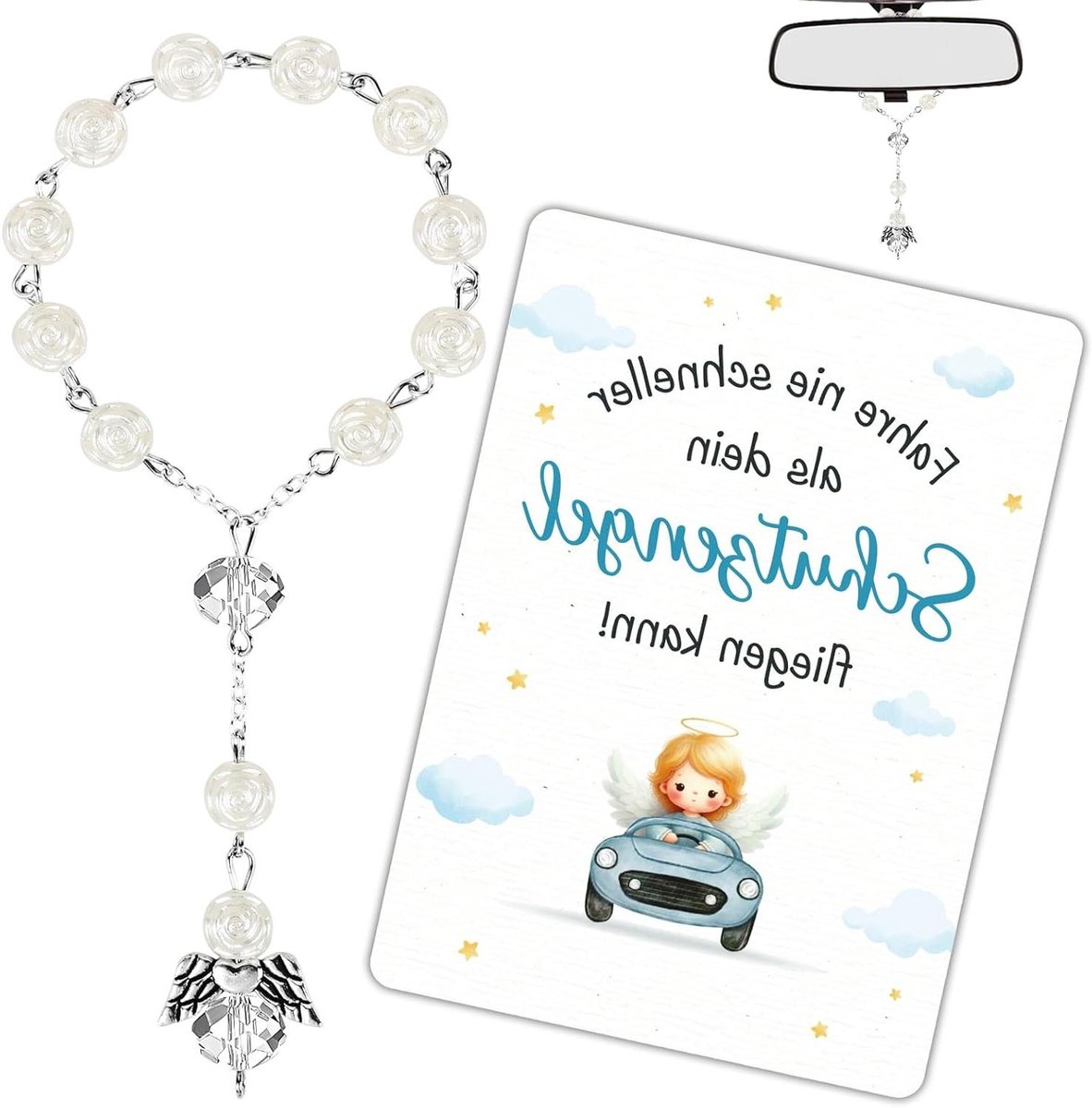 Auto Hanger - Beschermengel Decoratie - Veilige Rit - Compleet Cadeauset - 6 cm Lengte - Zilver