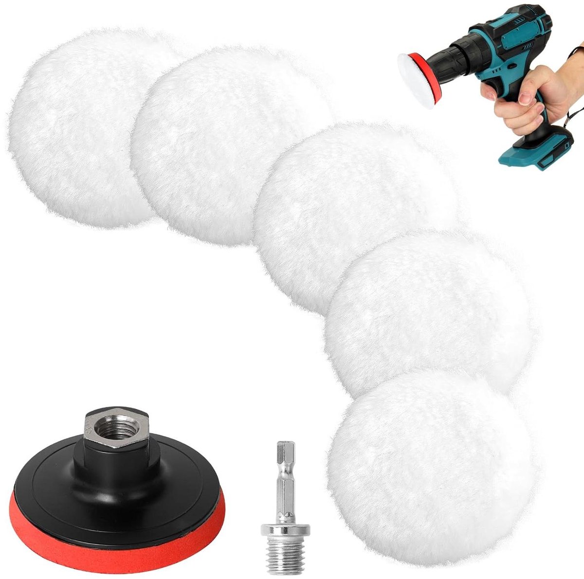Polijstset Auto - Poets Pads - Auto Glans Herstellen - 7 Delig Inclusief Adapter - 80 mm - Wit