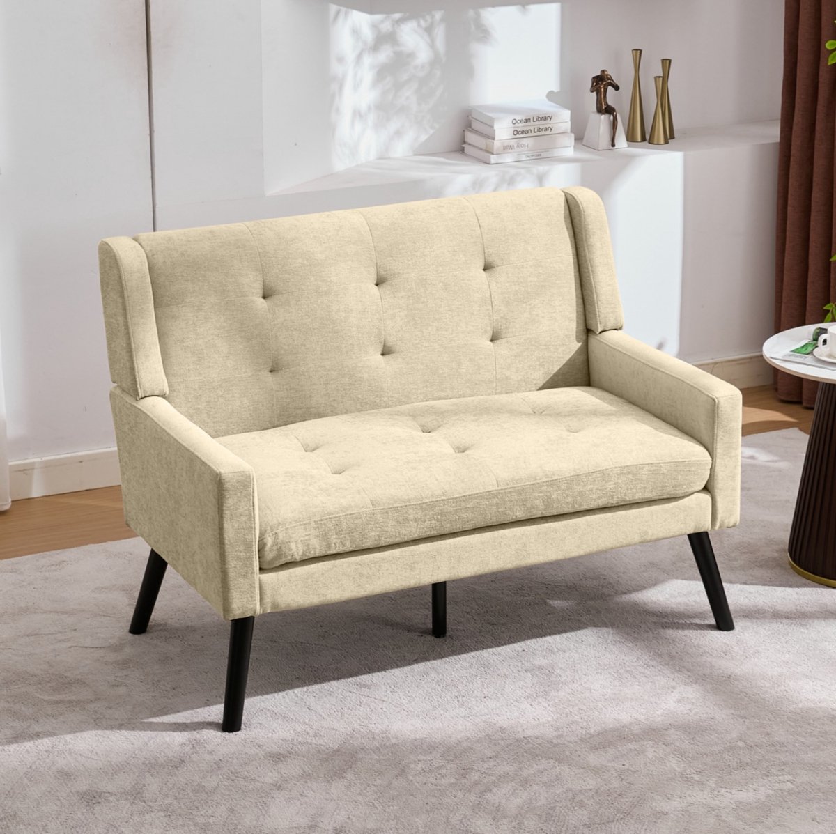 FloraGrace Zitbank - 2-Zits Bank 119 x 75 x 88 cm - Linnen Bekleding Met Gecapitonneerde Details - Voor Woonkamer, Slaapkamer Of Kantoor - Hout - Beige