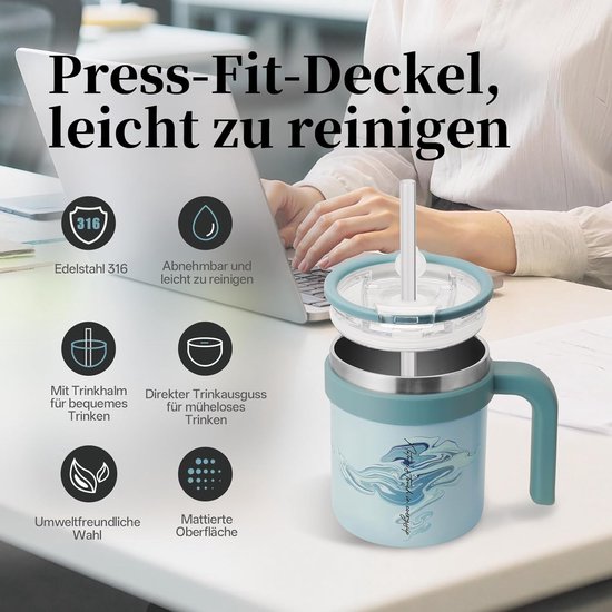Reismok met handvat - Thermosbeker Koffiebeker - Warme koude dranken - Dubbelwandige isolatie - 500ml - Misty Blue — afbeelding 4