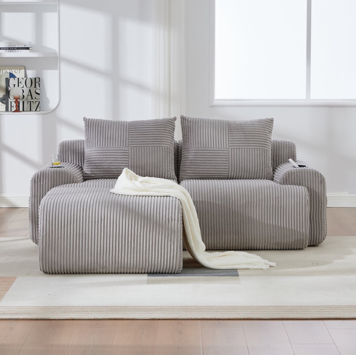 FloraGrace Set Bank 200 x 174 x 80 cm - Modulaire 2-Zits Met Hocker, Bekerhouders En Opbergtas - Woonkamer - Corduroy - Lichtgrijs