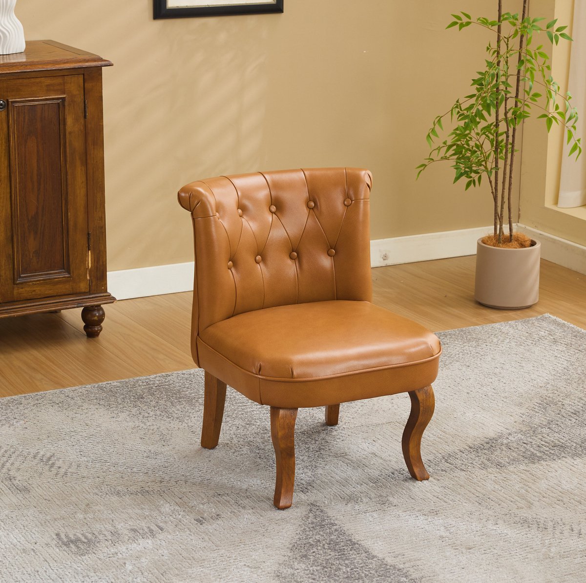 DESMIU Fauteuil 56 x 60,5 x 72,5 cm - Echtleren Loungestoel Met Knopen En Armleuningen - Voor Woonkamer En Eethoek - Hout Lichtbruin