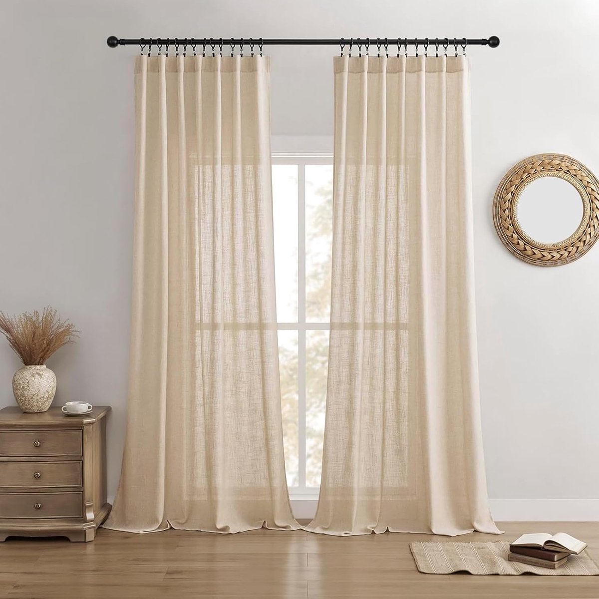 Linen Curtains for Living Room,Light Filtreing Curtains 90 Inches Long,Living Room Drapes 2 Panel Sets,Ecru Drapes Pinch Pleated(W52 x L90 Inch, Ecru)