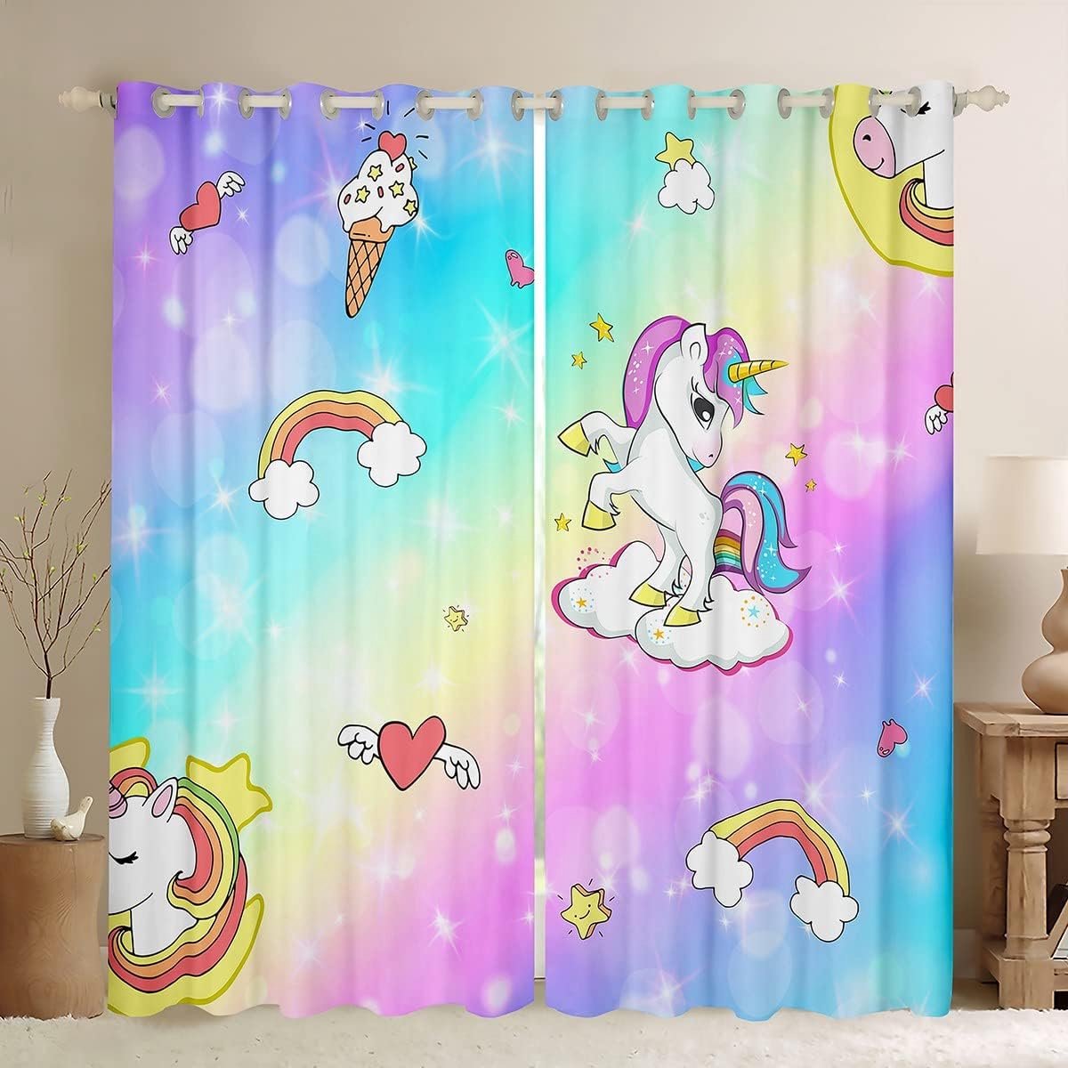Eenhoorn Raamgordijnen Ijs Eenhoorn Raambehandelingen voor Kinderen Jongens Tieners Regenboog Agische Dier Raamgordijnen voor Slaapkamer Woonkamer Fantasie Kleurrijk W52* L63