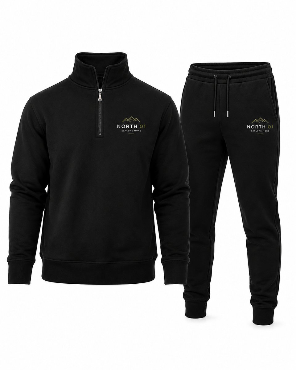 Trainingspak Heren – Half Zip Sweater met Sportbroek – Joggingpak North 01 – Zwart - Maat XXL