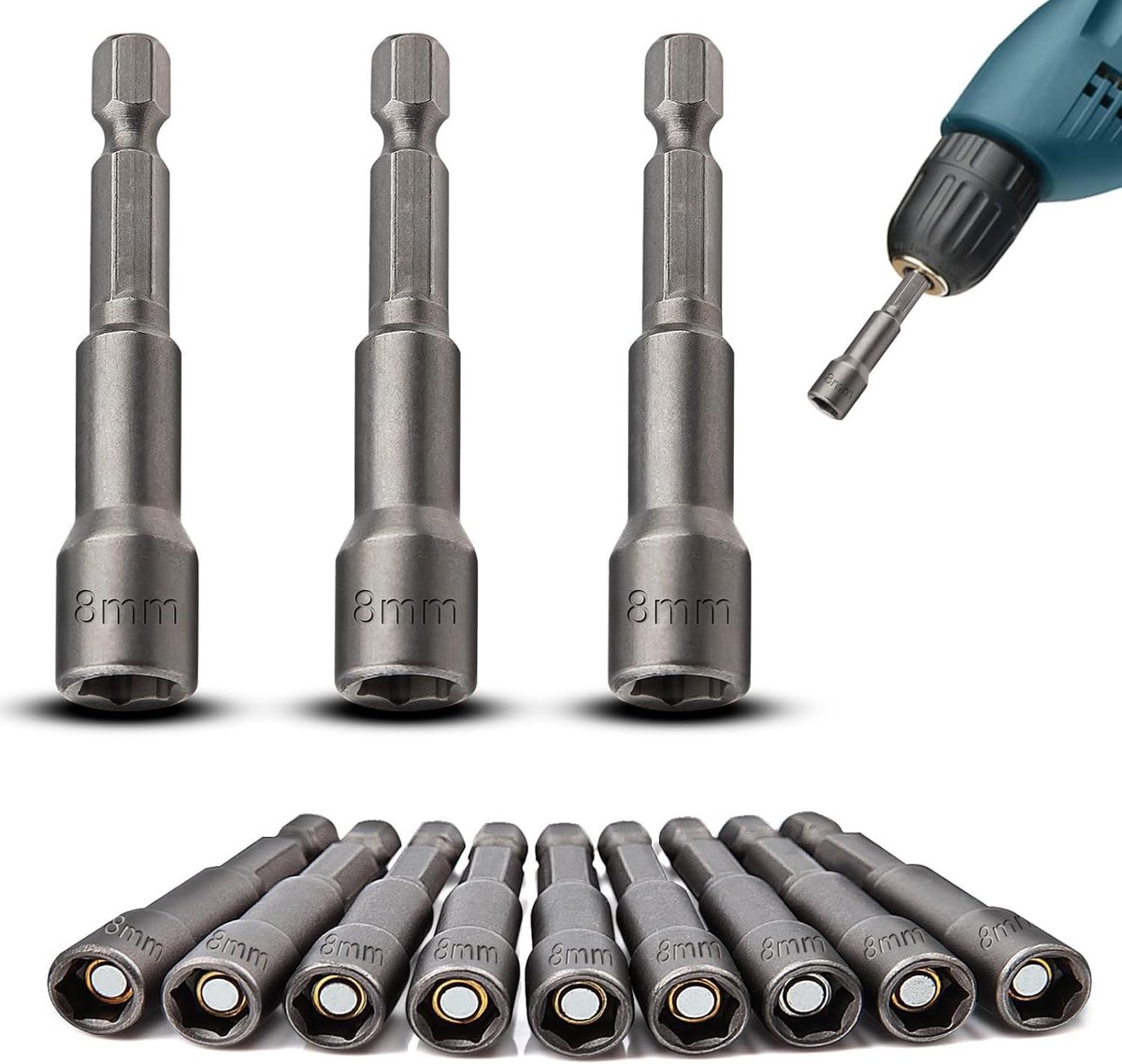 12-delige hexagon bit set met magneten, 8mm moeradapter en 1/4 inch schroevendraaier voor handboor en spanner
