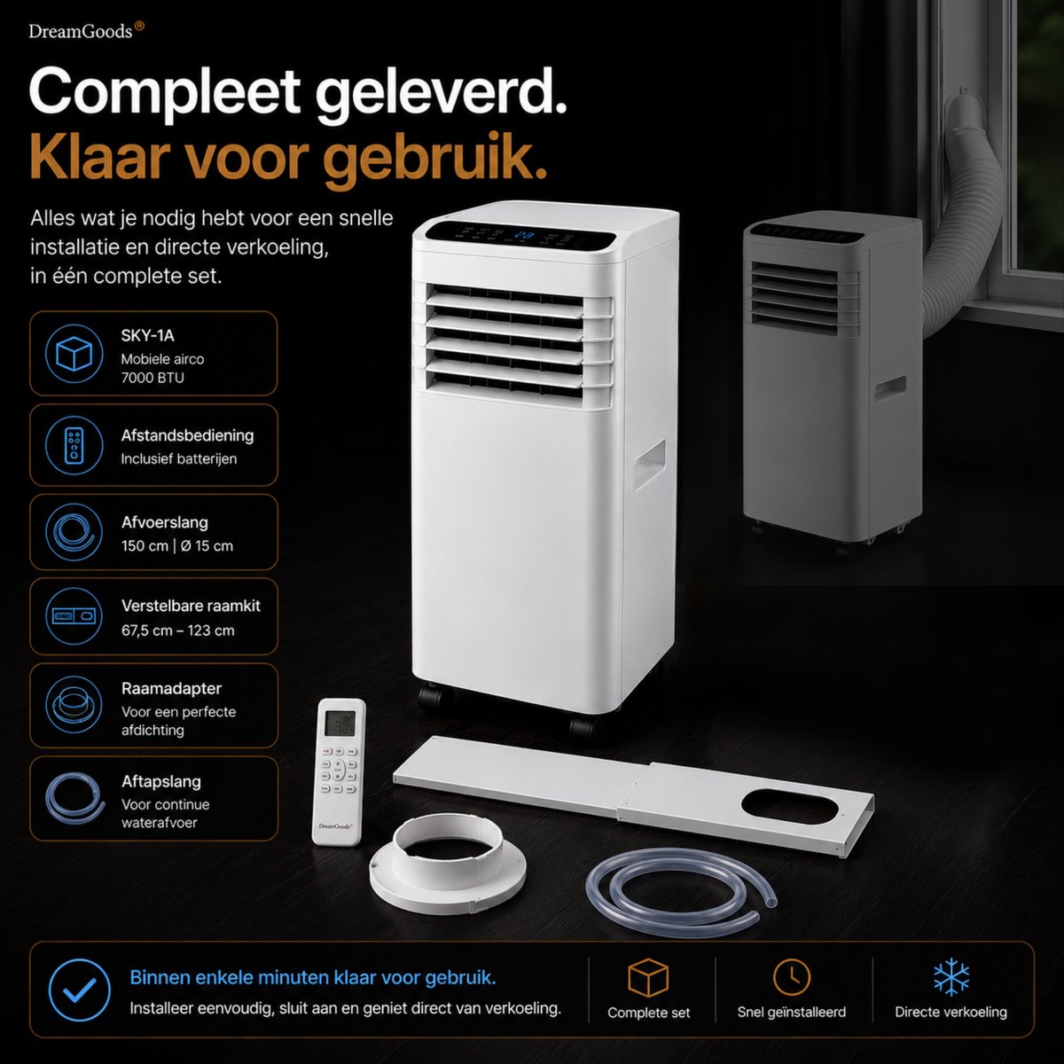 DreamGoods Mobiele Airco - 7000 BTU - 3-IN-1 Airconditioner met Afvoerslang - Verkoelen, Ventileren & Ontvochtigen - Complete Airco Set met Raamafdichtingskit — afbeelding 11