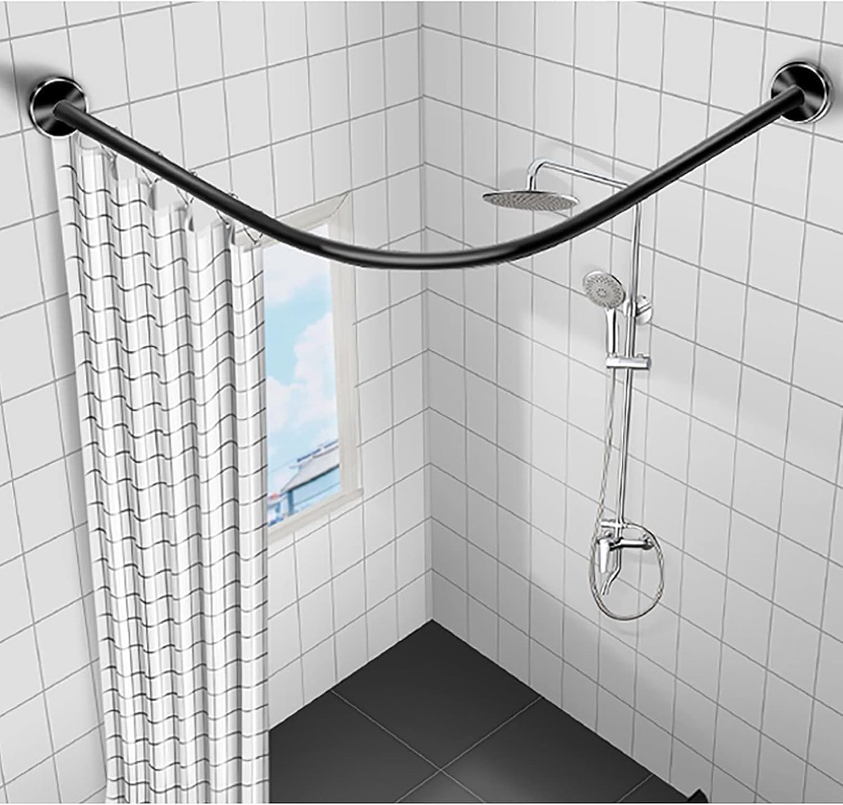 douchegordijnstang, uittrekbaar, L-vormige douchestang van 304 roestvrij staal, verstelbaar, installatie zonder boren, ook als kledingstang, 70 tot 95 cm x 90 tot 130 cm