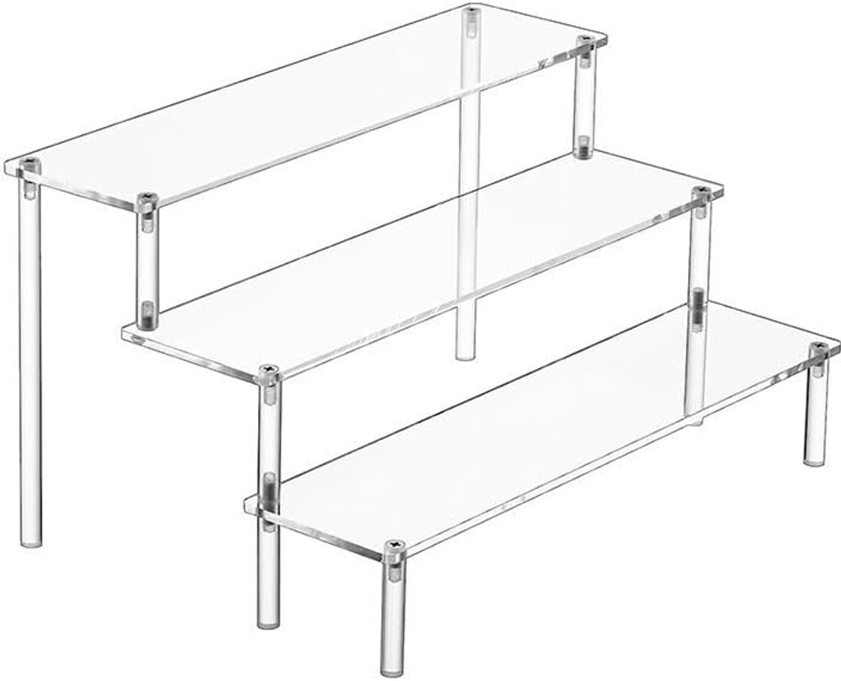 3-traps acrylrek transparant 30x20x15cm – Stappenstandaard voor cosmetica, sieraden & cupcakes