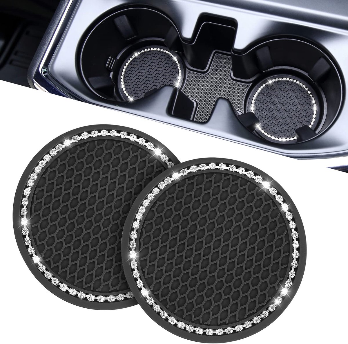 Drankhouderbekeronderzetters, universele autodrankhouder, antislip onderzetters voor koffiebekers, auto-accessoire voor vrouwen, 2 stuks, zwart/glitter (zwart-2)