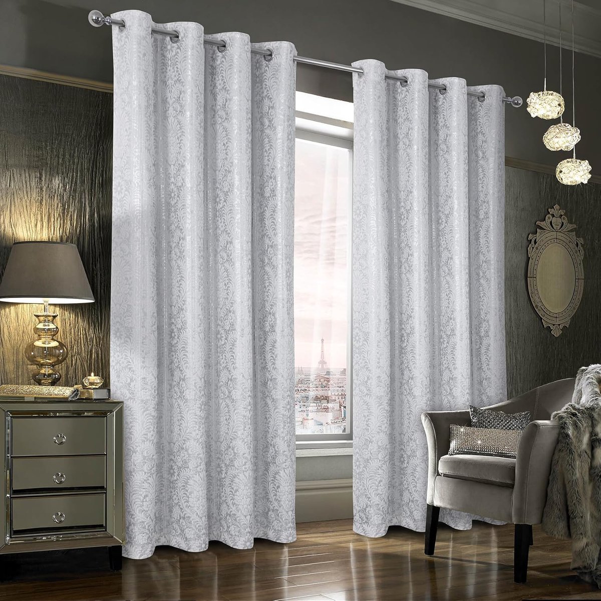 always4u 100% verduisterende Gordijn, Zilveren Velours Gordijn, Thermische Isolatie Gordijn Anti Koud, Glanzend Metallic Motief, Super Zacht Kreukvrij en Goed Vallend Materiaal, Wit 140x260 Set van 2