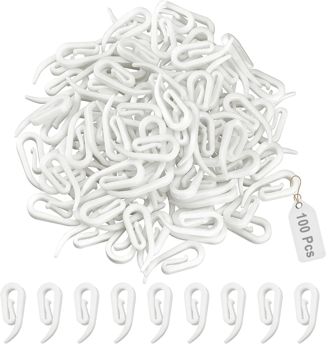 gordijnhaken, 100 stuks witte kunststof gordijnaccessoires haak voor deurgordijnen, raamgordijnen en potloodplooien, 28 mm x 12 mm