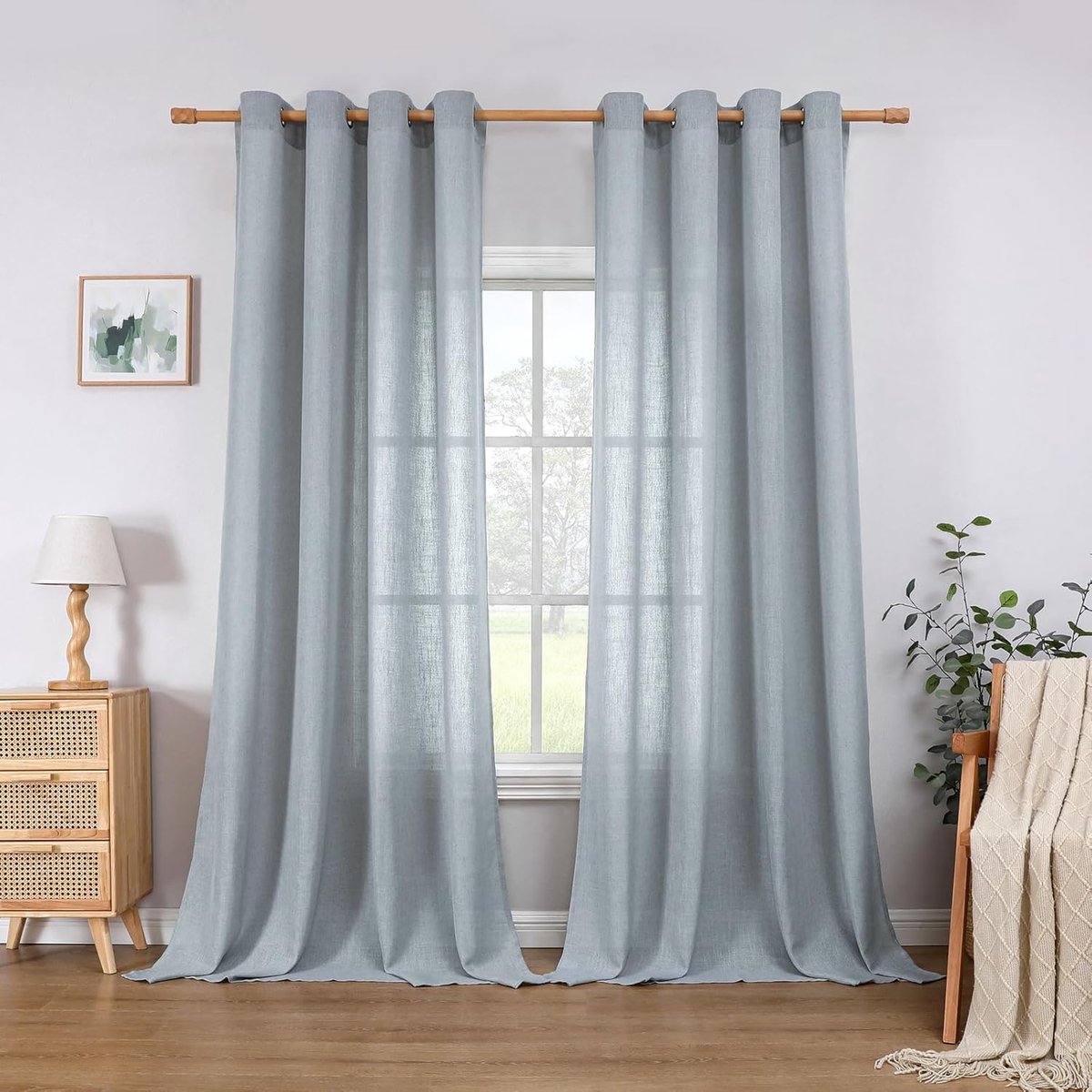 Linnen gordijnen met oogjes half transparant linnen gordijn voile raamsjaal Dekosjaal voor slaapkamer kinderkamer woonkamer, H 225 x B 140cm, set van 2, grijs blauw