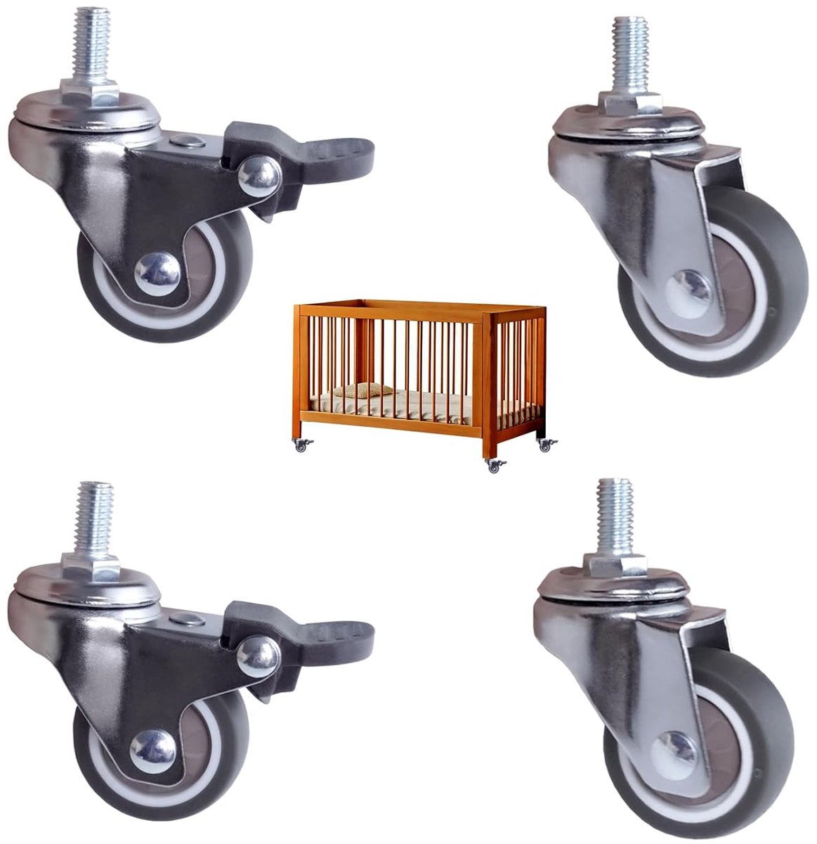 4 Stuks meubelwielen met schroefdraad M8, M8 x 15 mm Kleine Antislip Rubberen Wielen, Zwaarlastwielen 2 met Remmen + 2 Zonder Remmen, voor Meubels, Binnen en Buiten (tot 40 KG)