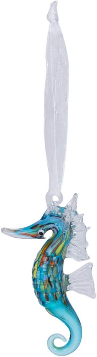 Glazen Zeepaardje Ornament - Hangend Decoratie Figuur - Kust Decoratie - Handgeblazen Glas - 10 cm - Blauw