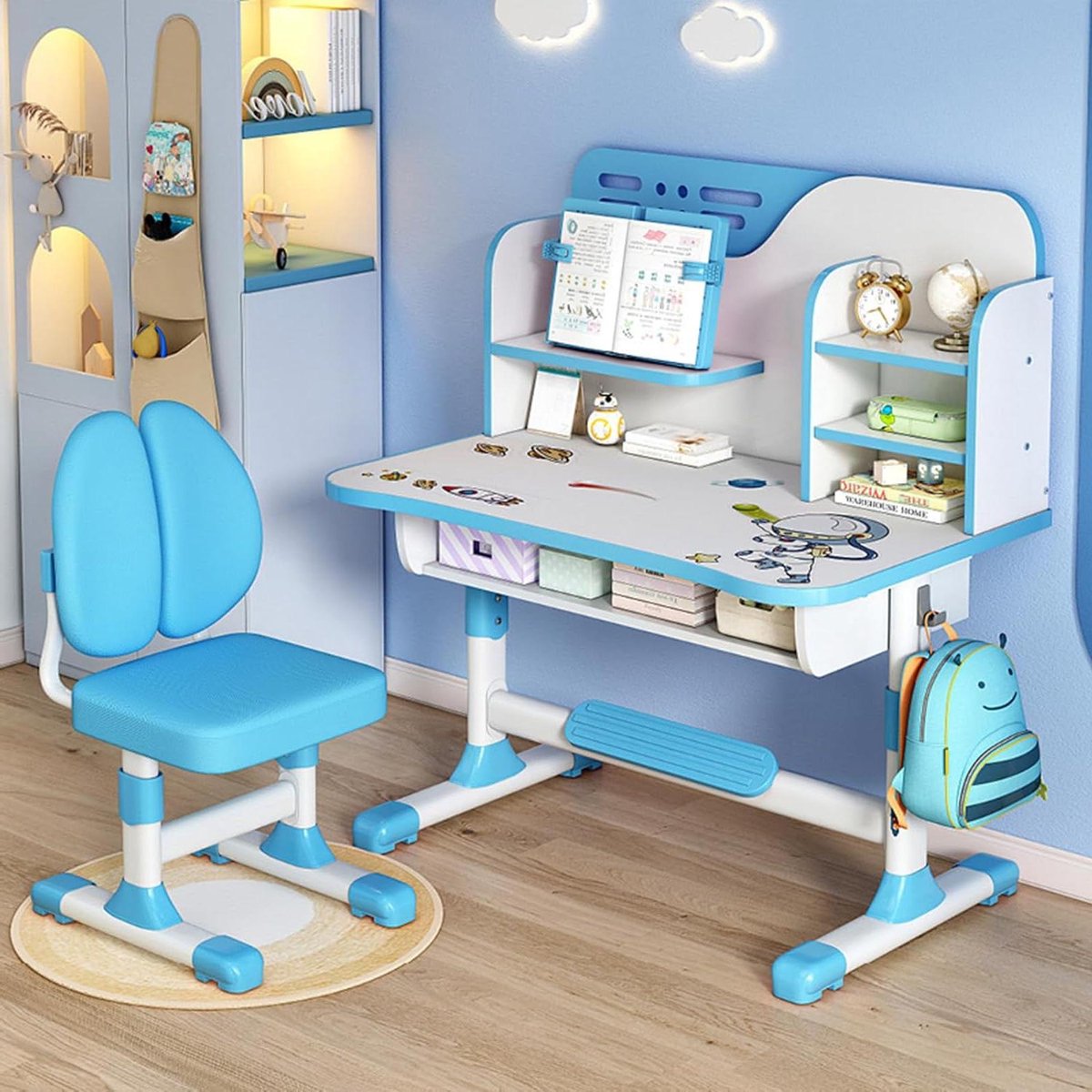 Kinderbureau en stoel - Studie set - Leren en creëren - In hoogte verstelbaar - 75 cm breed - Blauw