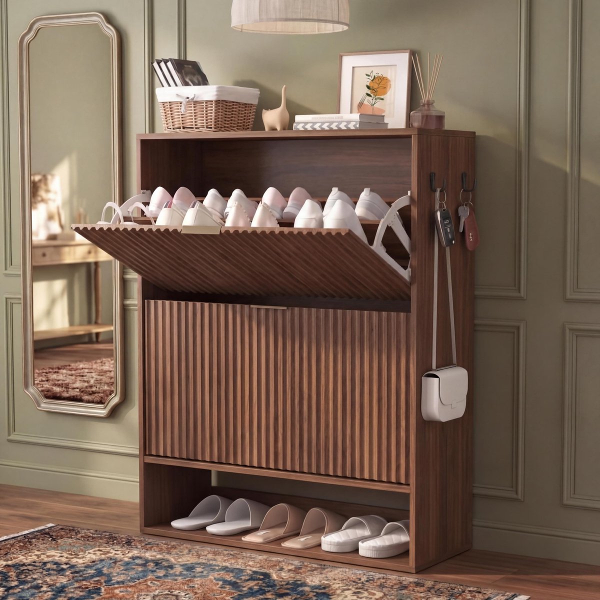 Schoenenkast Smal met 2 Kleppen en Open Onderplank - 80x30x102cm - Schoenenrek Modern - Schoenenmeubel Fluted - Zijhaken - Vrijstaand - Ruimtebesparend - Voor Hal Gang Woonkamer - Walnootkleur