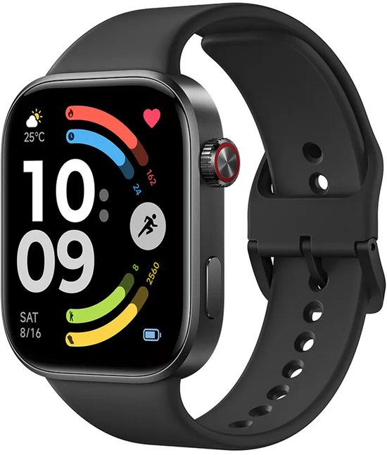 Montre connectée noire avec écran carré, heure "10:09", date "SAM 8/16" et statistiques de santé.