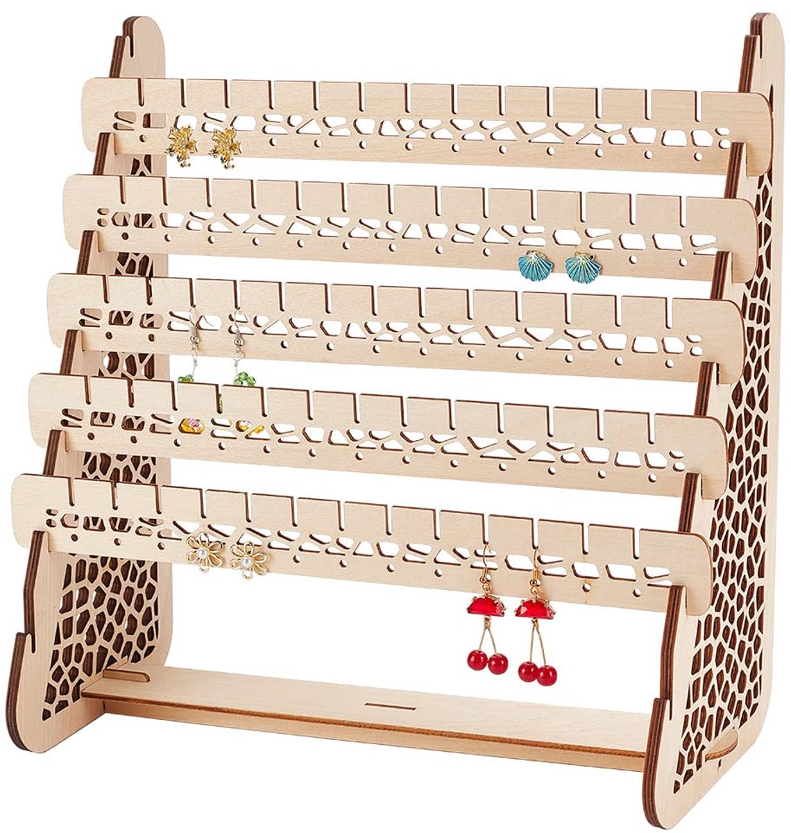 PandaHall Oorbel-organizer, 5 verdiepingen standaard voor oorbellen van hout, sieradentoren oorbelorganizer met hol patroon voor oorstekers, armband, halskettingring, geblancheerde amandelkleur