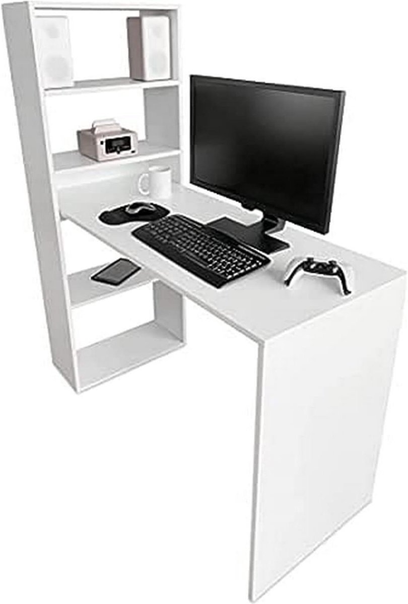 Bureau met Plank - Computer tafel Werkplek - Thuiswerken Organiseren - Omkeerbaar Rek - 122 x 49.5 cm - Wit