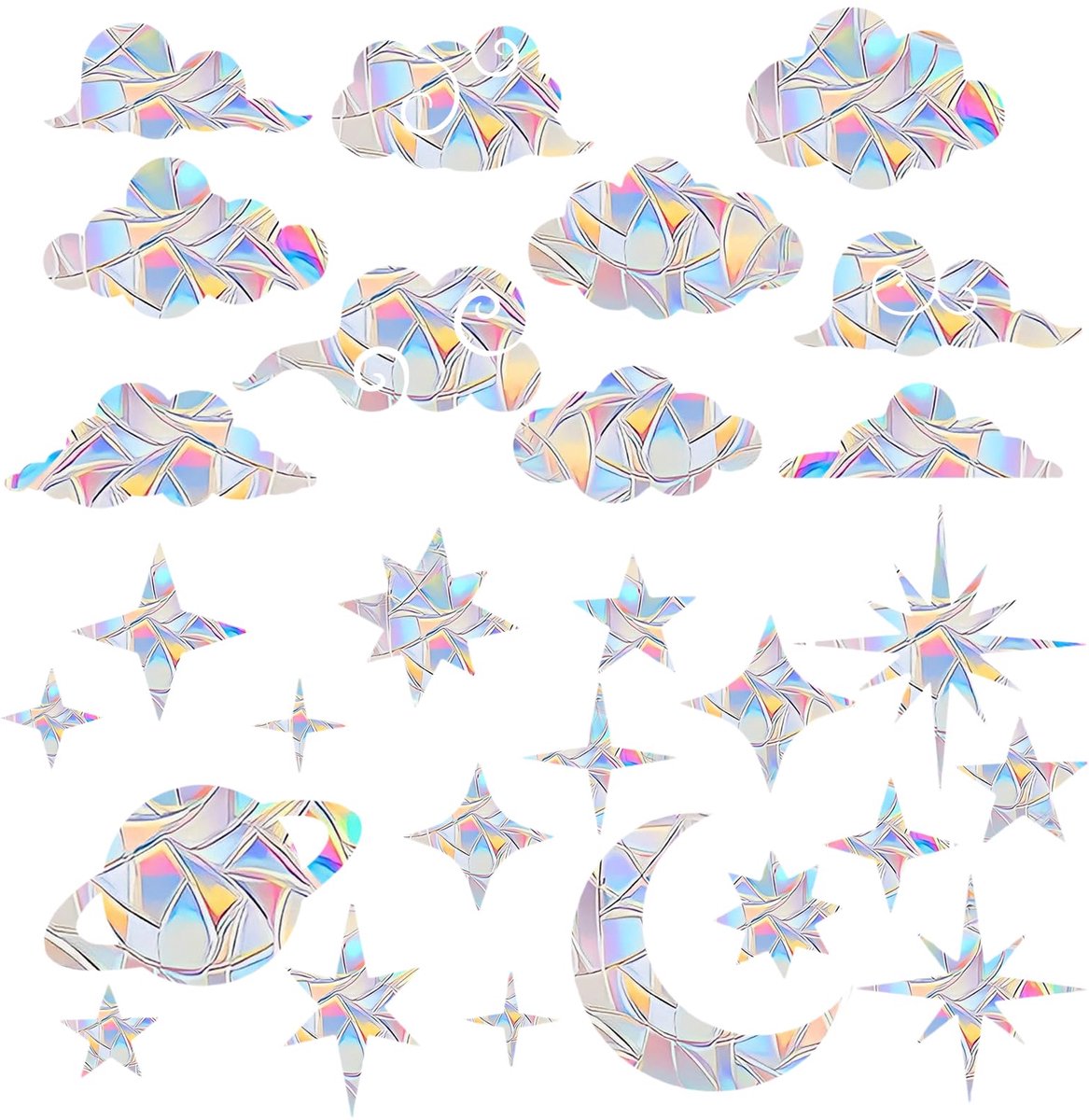 28 Stuks Prisma Raamstickers, PVC Kleurrijke Raamstickers ter Bescherming | Zonnevanger-Stickers,Planeet, Wolk Prisma Suncatcher Stickers, voor Vogelbescherming, Decoratie, Glazen Deuren en Ramen