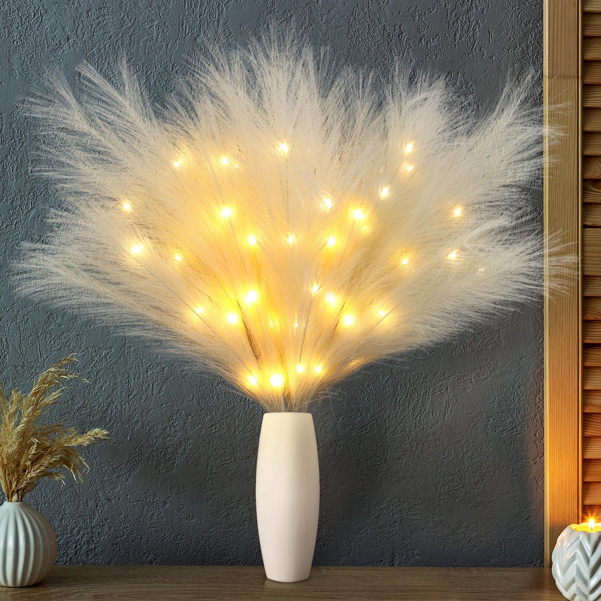 Lichtgevend pampasgras, groot, 70 cm, 3 stuks, pampasgras, kunstbloemen, boeket, 36 leds, lichtsnoer, werkt op batterijen, boho, woondecoratie voor bruiloft, woonkamer, slaapkamer, tafel (beige