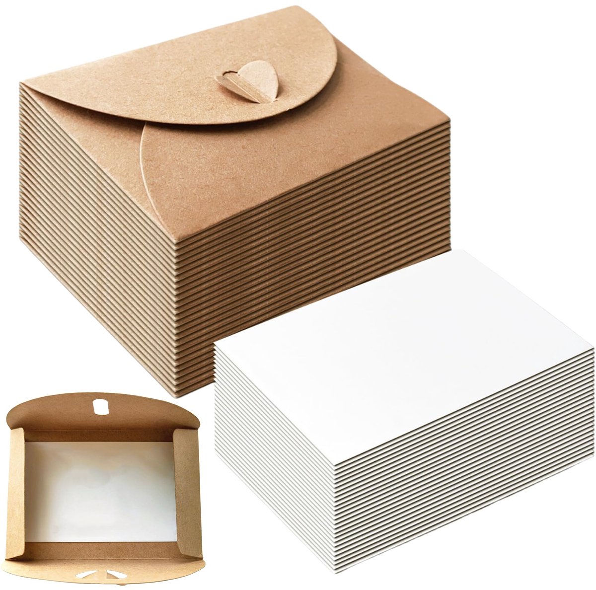 50 vellen mini kraftpapier enveloppen met blanco papieren kaarten, wit, kleine envelop met hartsluiting, kleine envelop bruin voor cadeaubonnen, doe-het-zelf bedankkaarten, Kerstmis (B)