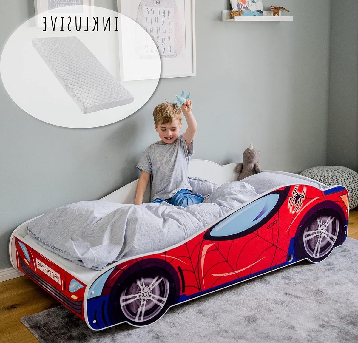Autobed Kinderbed - Jeugdbed Racer - Veilig Slapen - Met Uitvalbescherming - 70x140 cm - Spider-Car