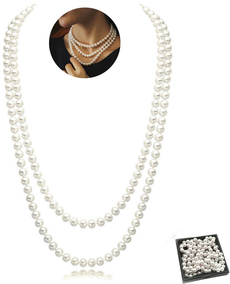 Parelkettingen voor dames, 150 cm/59 inch mode faux lange parelketting, jaren '20, ronde parelketting, halsketting, kostuumsieraden voor vrouwen, met een garentas en sieradendoosje, Gl