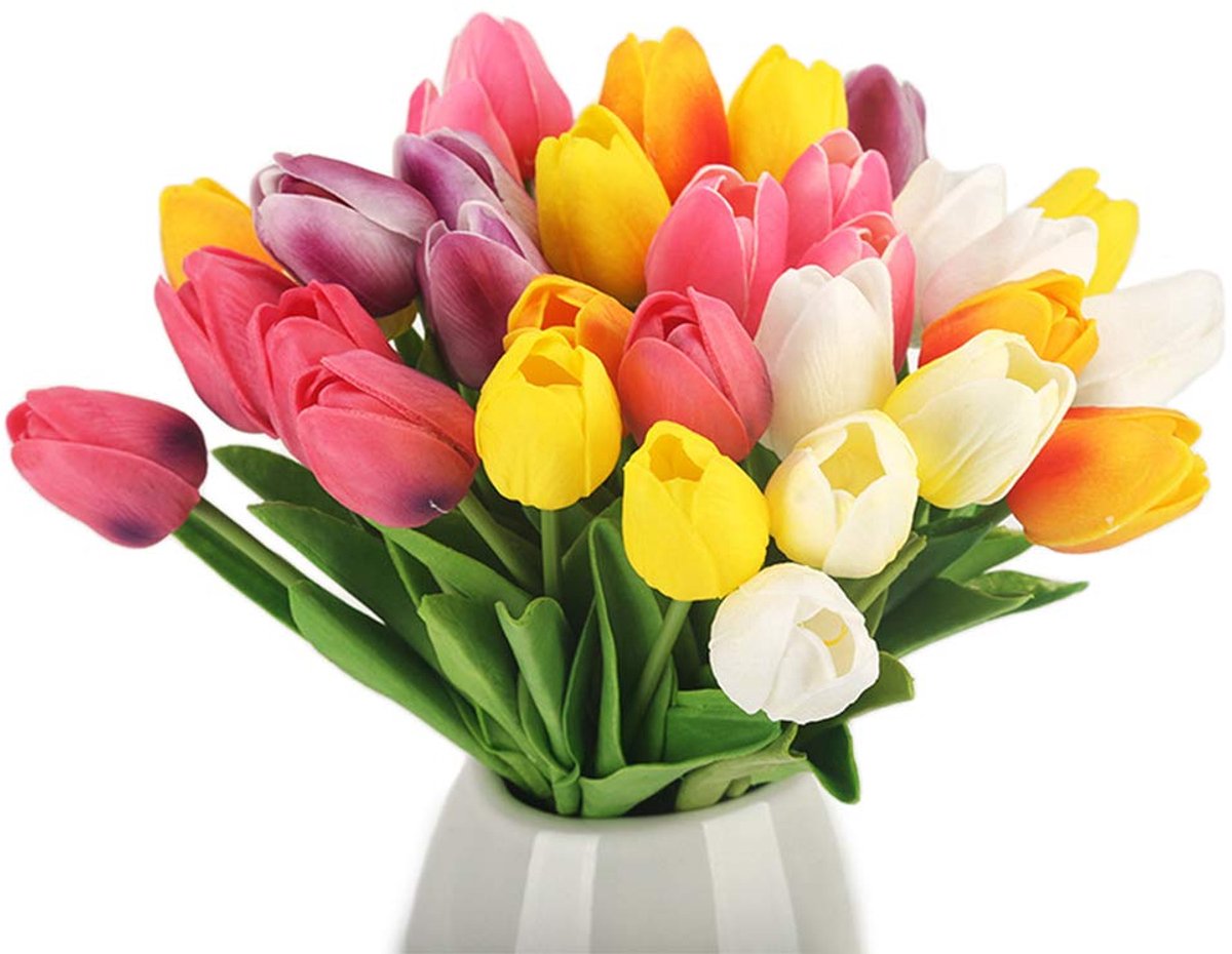 Kunstmatige latex tulpen, realistische tulp met groene bladeren, gemengde kleuren nep bloemen decoratie voor bruids bruiloft boeketten, thuis,doe-het-zelf bloemenarrangementen