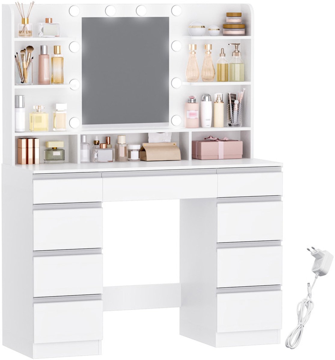 Hzuaneri Grote Kaptafel met Ledverlichting, 40 x 108 x 140 cm, Wit, 10 Ledlampen, 3 Lichtkleuren, Instelbare Helderheid, Kaptafel met Spiegel, 9 Lades, 9 Open Vakken