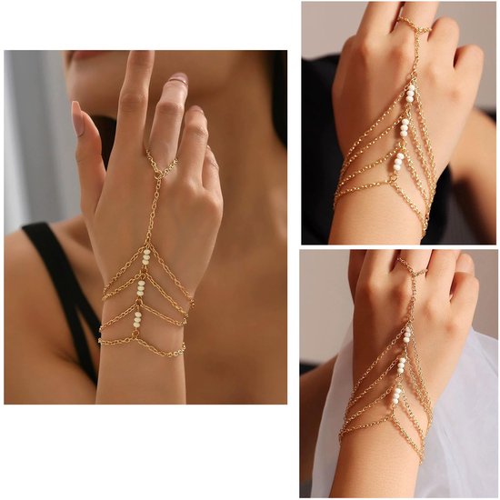 Boho vingerring armband goud slavenring pols armband gelaagd kleine parel handketting bruiloft kwast handketting sieraden voor vrouwen — afbeelding 4