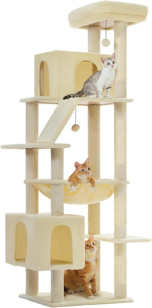 Krabpaal voor Grote Katten - Kattentoren Klimmeubel - Katten Spelen - Extra Grote Hangmat - 180 cm Hoog - Beige