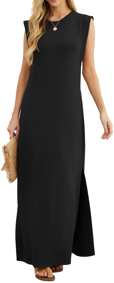 Maxi-jurk voor dames, met split en zakken, zomerse ongedwongen hemdjurk, elegante stijl, eenvoudige, mouwloze, maxi-damesjurk