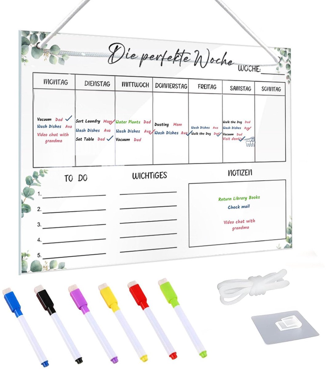 Weekplanner afveegbaar, wekelijkse planner magnetisch acryl, wekelijkse voedingsplanner, 30 x 20 cm, whiteboard met 6 wissermarkers, 1 haak, wit koord, weekplannerbord