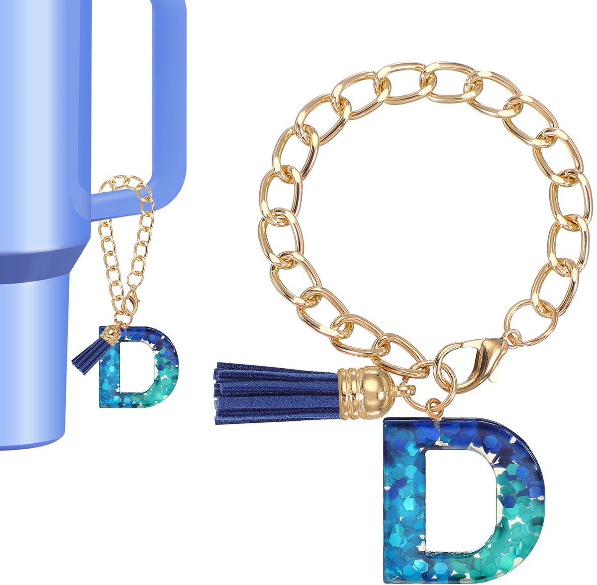 Charm voor Stanley Cup, Leuke Initial D Charm Accessoires voor Stanley Tumbler Handvat Sleutelhanger Gepersonaliseerde Charm voor Vrouwen, Blauw