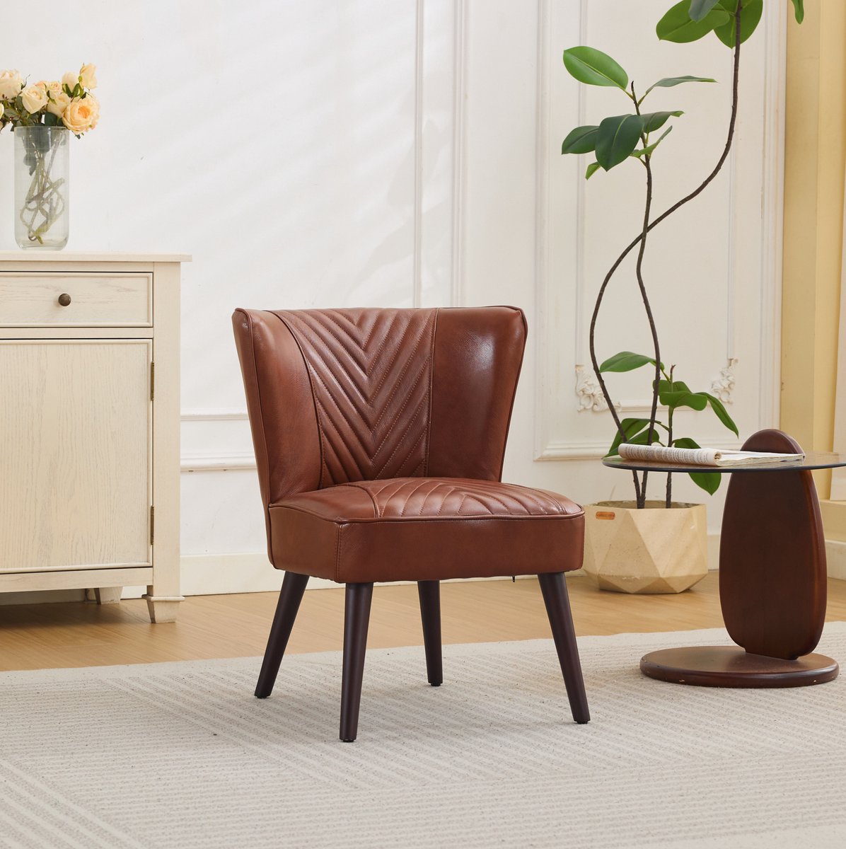 DESMIU Fauteuil 56 x 62 x 72 Cm - Zonder Armleuningen Met Diagonale Stiknaden - Voor Woonkamer En Werkkamer - Leer Bruin