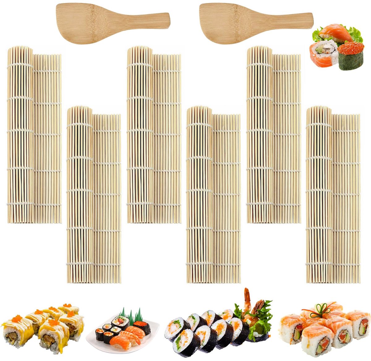 6 stuks sushi-matten met 2 rijstlepels, 24 x 24 cm, bamboemat voor sushi, herbruikbare bamboemat, rolmat van bamboe, set voor keuken en Japanse restaurants