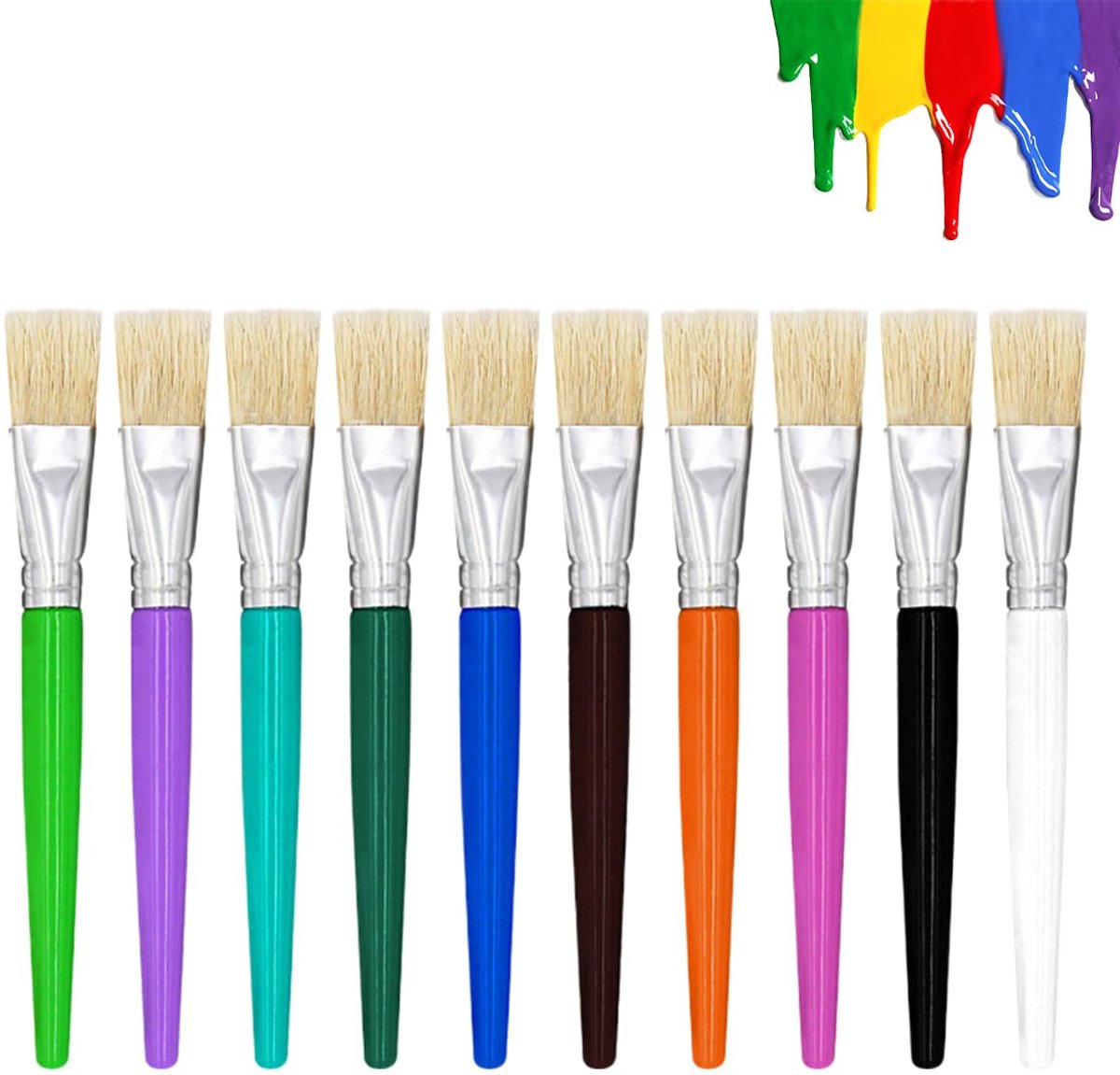 10 Stuks Schilderborstels Kinderborstelset, 15,5 cm Schilderborstels voor Kleuters, Grote Acrylverfkwasten, Plat Hoofd Gekleurde Kwastenset voor Kinderen, Studenten, Beginners, Kunstenaars | Penseelse