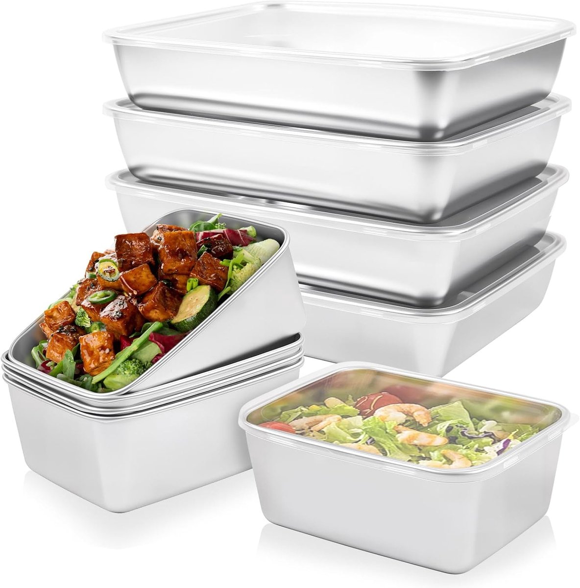 8 stuks roestvrijstalen voedselcontainers met deksels, 2 maten lekbestendige voedselopslagcontainerdoos, stapelbare metalen vriezer opbergdozen snackcontainers voor kaas delicatessen fruit