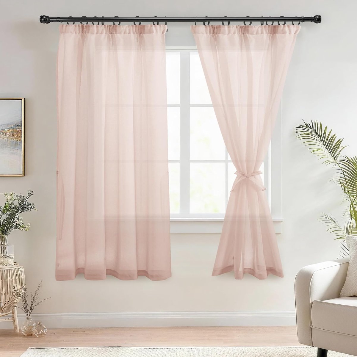Voile gordijnen met plooiband, linnenlook, 2 stuks, halftransparant, voor woonkamer, doorzichtige gordijnen, kort, blush roze, 160 x 140 cm (hoogte x breedte)