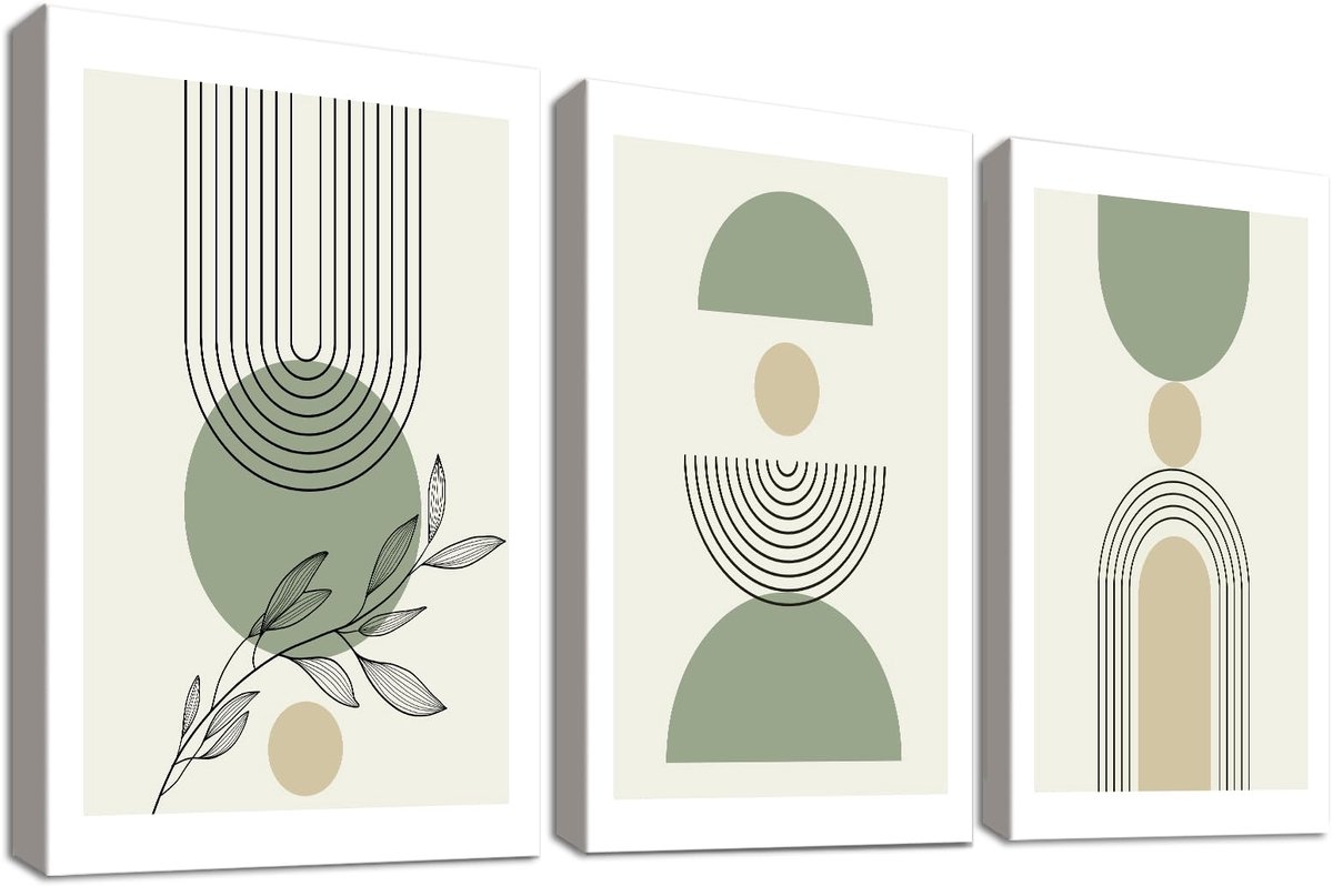 muurkunst met houten lijst, 3 stuks, boho saliegroen schilderij op canvas, prints, poster, abstracte beige groene bladeren, afbeeldingen voor woonkamer, slaapkamer, hal, wanddecoratie