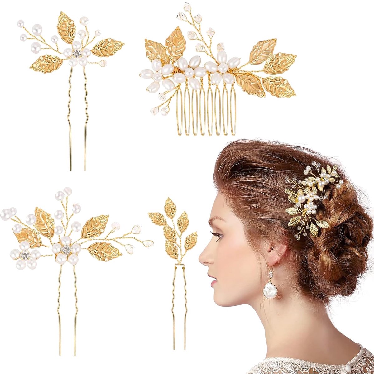 4 stuks bruidshaarspelden, gouden bruiloftshaaraccessoires, vintage haarspelden met kristallen parels, voor bruid, bruidsmeisje en meisjes