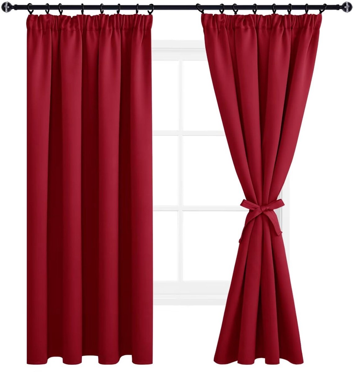 Gordijnen Kant en Klaar, Verduisteringsgordijnen Plooiband met Riemen, Kerst Gordijn Warmte-isolerend Stof Gordijnen voor Slaapkamer Woonkamer, Rood, 117x183 cm(BxH), set van 2
