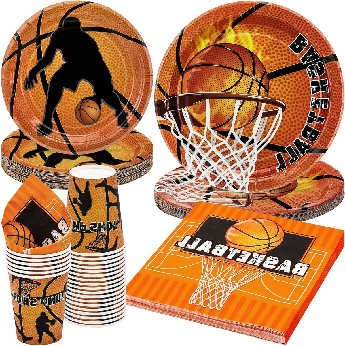 Basketbal Feestservies - Sport Thema - Verjaardag Vieren - Compleet voor 24 gasten - 96 stuks - Oranje Zwart